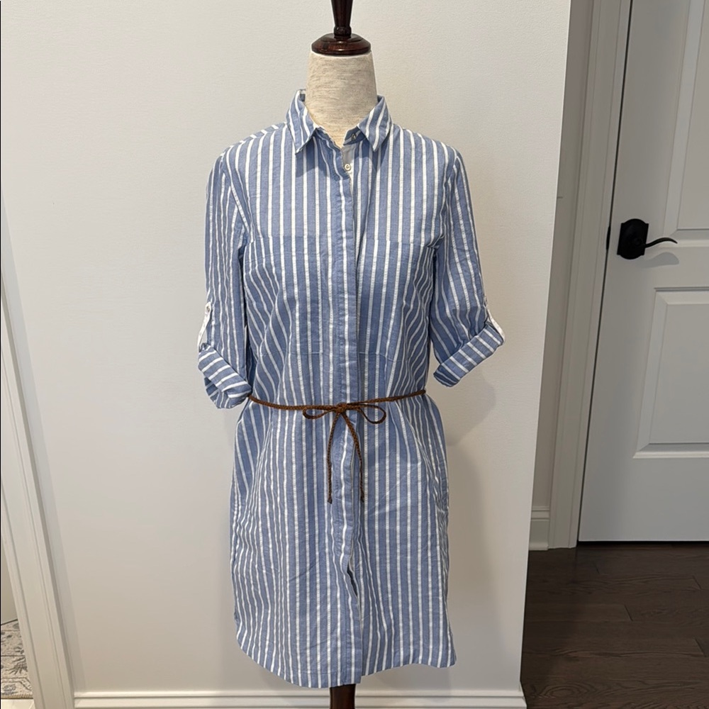 Blue and White Striped Zara Shirt Dress with Brown Belt